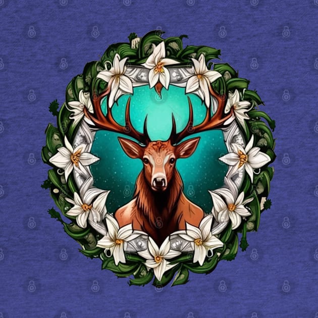 Elk Surrounded By A Wreath Of Sego Lily Tattoo Style Art by taiche